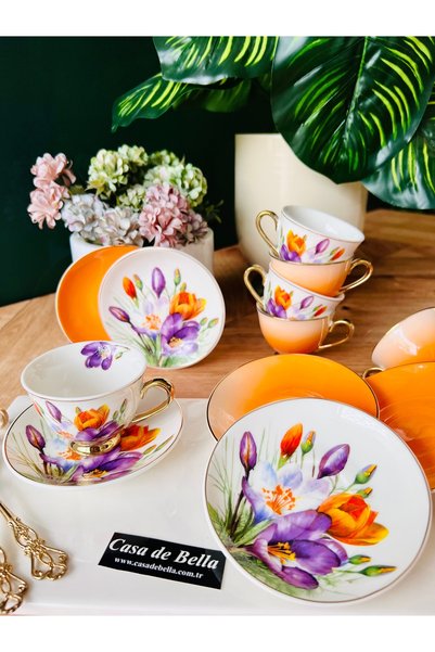 CASA DE BELLA Floral 6-Person Porcelain Coffee Cup (Orange)