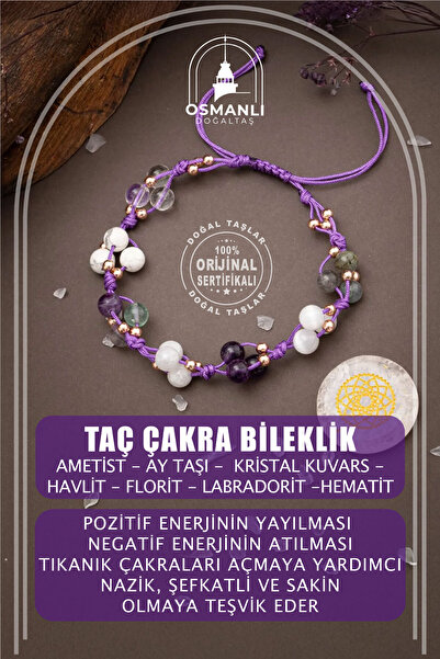 OSMANLI DOĞAL TAŞ Sertifikalı Taç Çakra Bölgesi Ametist Ay Taşı Selenit Doğal Taşlı Makrome Bileklik
