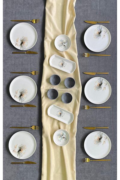 Yiğit Seramik Züccaciye Nilüfer 14-Piece Breakfast Set for 6 People