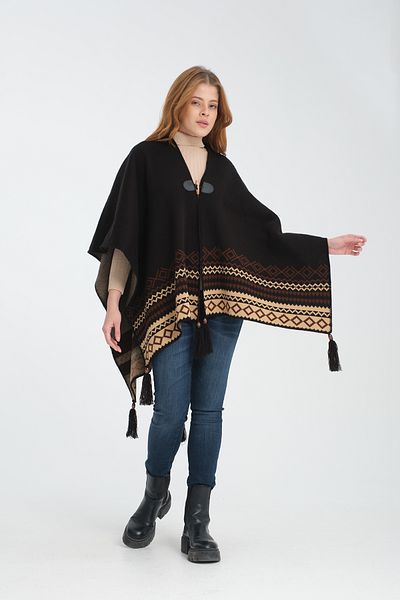 VEGA MODA Poncho din tricotaje cu imprimeu etnic și cusături de pescar - Poncho elegant pentru îmbrăcăminte exterioară cu detaliu cu nasturi