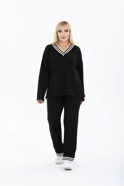 ModaSehle Women's Large Size Collar Striped Pocket Two-Yarn Fabric High Waist Set