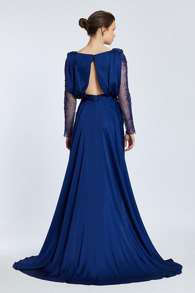 Kenzel Embroidered Evening Dress with Long Sleeves and Chest Drap - 2065