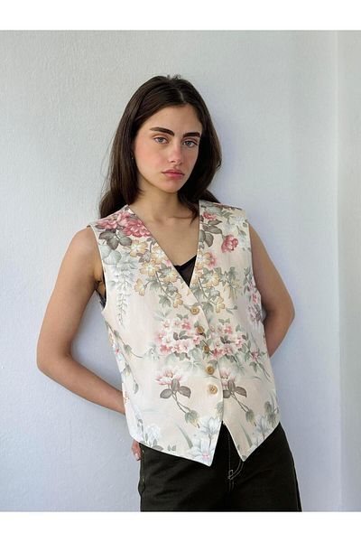 Retrobird V-Neck Five-Button Classic Women's Vest - Cream