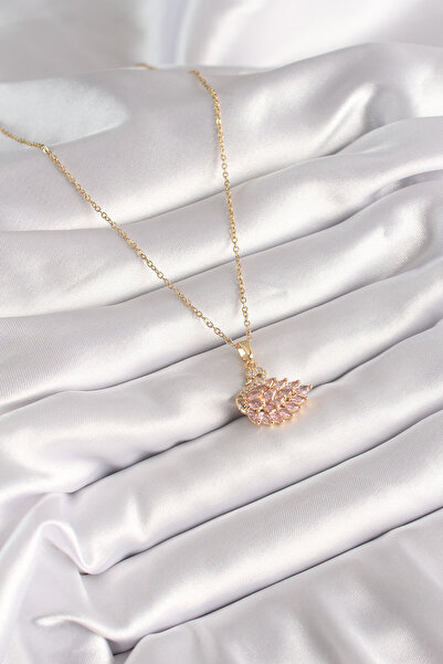 BSRE Gold Color Pink Zircon Stone Swan Figured Women's Necklace (316 Steel)
