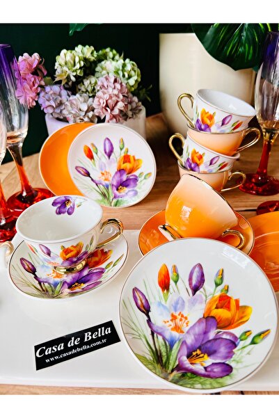 CASA DE BELLA كوب قهوة بورسلين مزين بالزهور يتسع لـ 6 أشخاص (برتقالي)