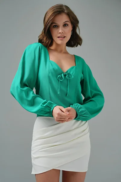 Saade Green Gathered Sleeve Tie Detailed Blouse