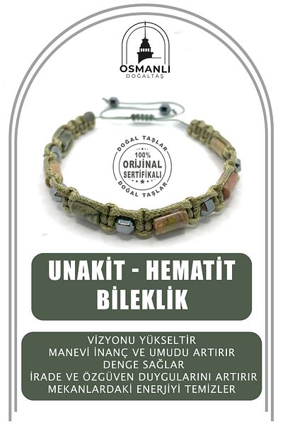 OSMANLI DOĞAL TAŞ Genuine Original Unakit - Hematite Natural Stone String Bracelet (Cornered Macrame Model)