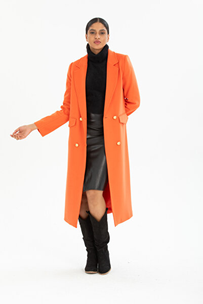 Pitti Kadın PORTAKAL RENGİ Gold ALTIN Düğmeli Uzun ASTARLI CEPLİ Kaban 70553