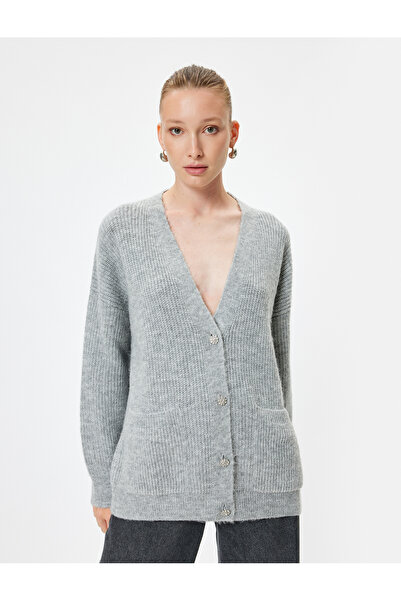 Koton V-Ausschnitt Strick Oversize Cardigan - Langarm mit Taschen