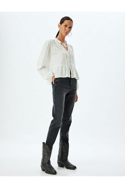Koton High Waist Slim Fit Cotton Jeans - Buttoned Jean