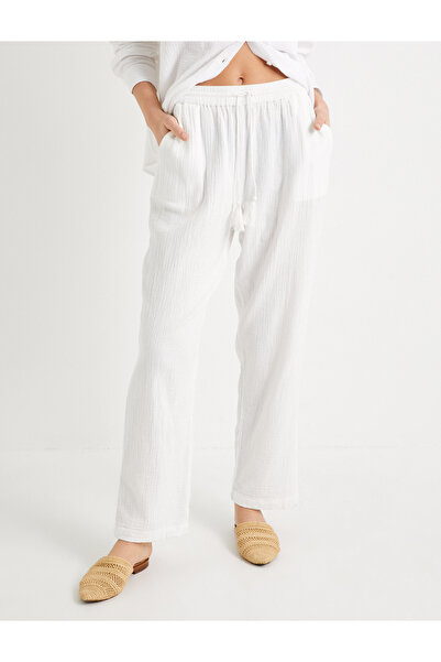 Koton Beli Bağcıklı Pantolon Cep Detaylı Pamuklu Normal Bel