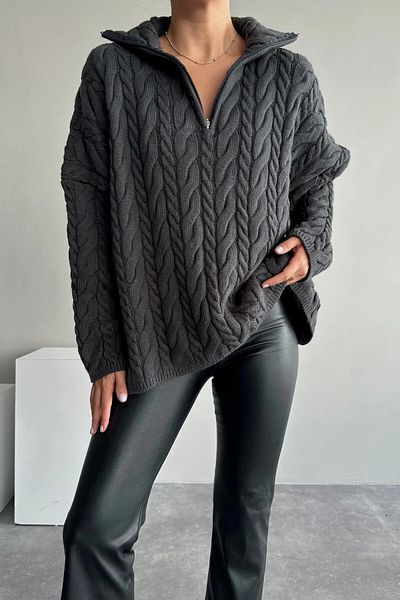 Souls Fruit Women's Standard Size Hair Braided Zip-Up Collar Oversize Anthracite Knitwear Sweater