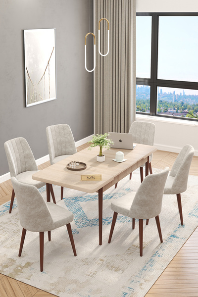 Kaffahome Sefar Serisi Sonomo 80x130 Açılır Yemek Masası , Yemek Masa Takımı 6 Gri Sandalye - Metal Ayak