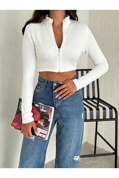 Justin Crop de scuba cu guler alb cu fermoar pentru femei