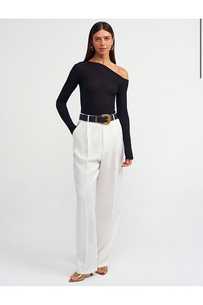 Dilvin Asymmetric Collar Long Sleeve Top-Black