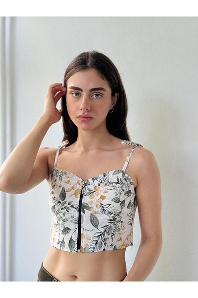 Retrobird White Leaf Bustier - Σχέδιο Γυναικείο φερμουάρ μπροστά