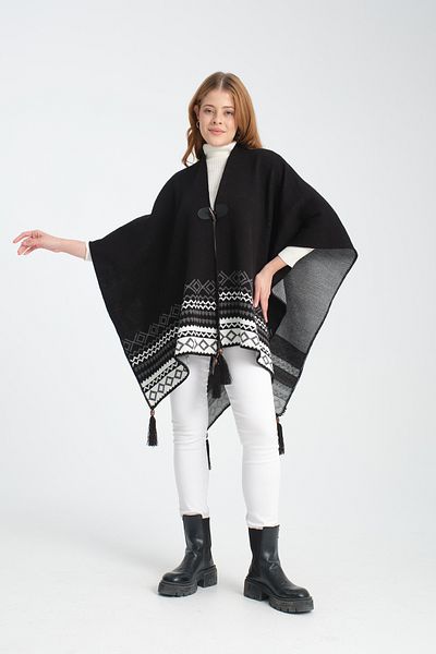 VEGA MODA Ethnic Patterned and Fisherman's Stitched Knitwear Poncho - Button Detailed, Stylish Outerwear Poncho