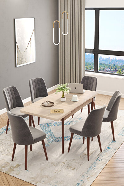 Kaffahome Sefar Serisi Sonomo 80x130 Açılır Yemek Masası , Yemek Masa Takımı 6 Gri Sandalye - Metal Ayak