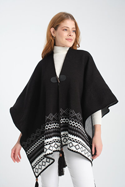 VEGA MODA Ethnic Patterned and Fisherman's Stitched Knitwear Poncho - Button Detailed, Stylish Outerwear Poncho
