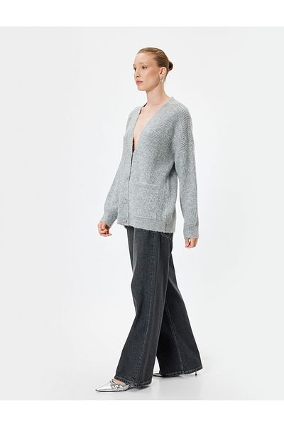 Koton V-neck Knitwear Oversize Cardigan - Long Sleeve witH Pockets
