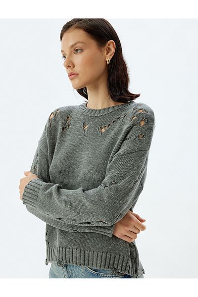 Koton Openwork Knitwear Oversize Sweater - Crew Neck, Long Sleeve