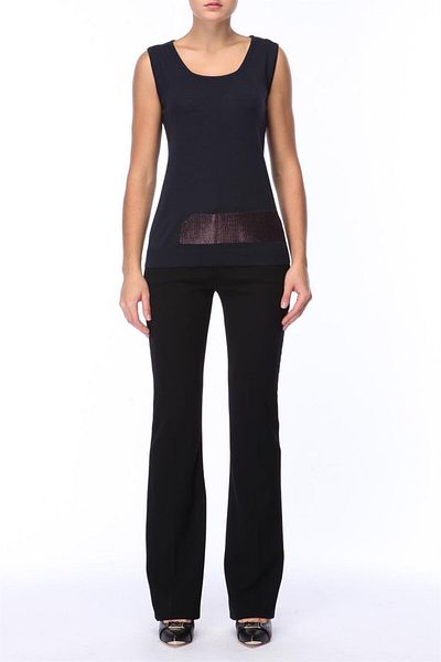 Escada Sleeveless Navy Blue Wool Knitwear Sweater with Metallic Print Detail