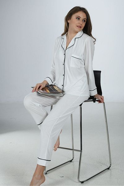 Sistina Front Buttoned Ecru Combed Cotton Pajama Set - 1644
