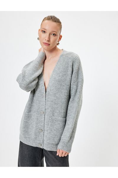 Koton V-neck Knitwear Oversize Cardigan - Long Sleeve witH Pockets