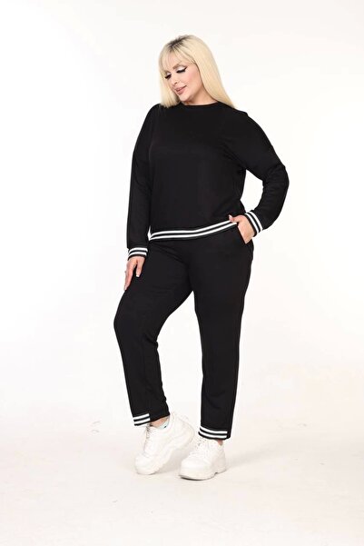 ModaSehle Women's Large Size Bottom Stripe Pocket Two-Yarn Fabric High Waist Set