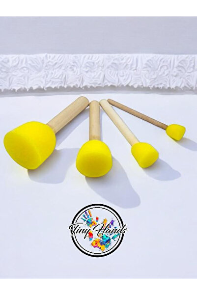 tiny hands Baskı Süngeri Seti 4'lü Sünger Fırça Seti Ahşap Saplı Tampon Sünger Baskı Seti Okul Öncesi Baskısı