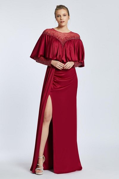 Kenzel Long Evening Dress - Detailed, Long Sleeve, Embroidered Fabric and Slit - 2023