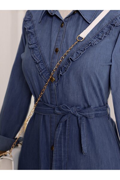 Modamorfo Džínové šaty se zavazováním do pasu - zapínání u krku