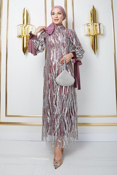 Olcay Pailletten-gemustertes Hijab-Abendkleid aus Tüll – Ärmel-Mund-Schnürung, DRIED ROSE 1220