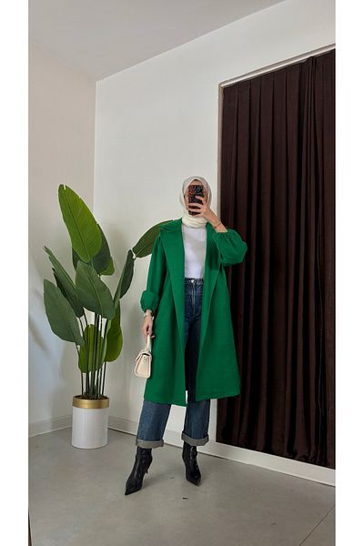 hacer ayaydın Μανίκια Gathered Mobile Belted Oversize Cut Μπουρνούζι Τύπος Κασέ Γυναικείο παλτό