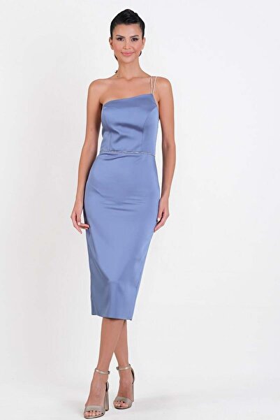 Spazio Padovani Asimetrik Yaka Taşlı Bel Tek Askılı Midi Abiye Elbise İNDİGO