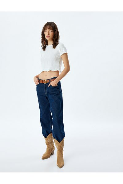 Koton Crew NecK Slim Fit Textured Crop Top - Κοντό μανίκι