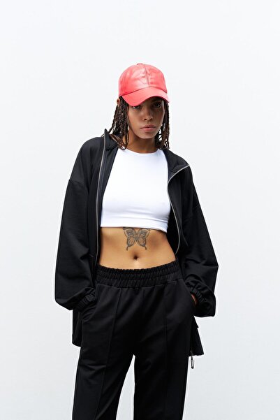 Basicpark Black Women's Stand Collar Zippered Flap Pocket Detailed Wide Leg Cotton Knitted Bottom Top Set