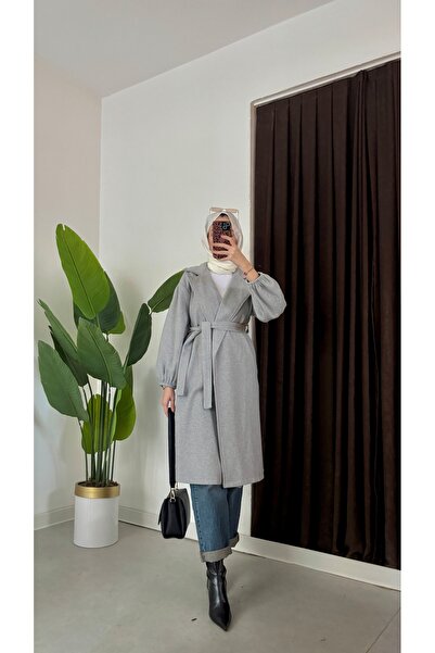 Aranlı tekstil Oversize Cut Bathrobe Type Stamped Women's Coat with Gathered Sleeves and Mobile Belt