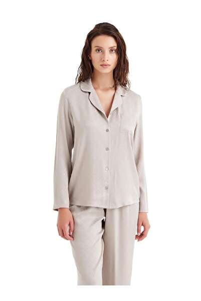 Blackspade %100 Viskoz Jakarlı Saten Uzun Kol Önden Düğmeli Bej Pijama Takım C8T8N4O06
