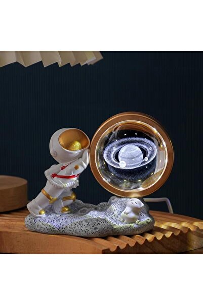 CajuArt USB Led Işıklı Astronot Kristal Cam Gezegenler Masa Dekor Hediye Süs