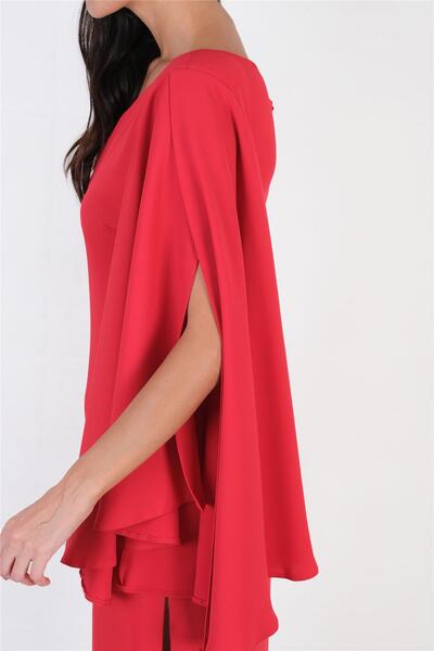Spazio Clario Geniş Kesim Tek  Kol Uzun Abiye Elbise KIRMIZI