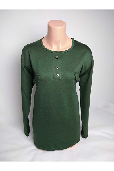 YAŞAR TRİKO Kadın Yeşil Bisiklet Yaka Patlı Düğmeli Yırtmaçlı Uzun Kollu Bile...