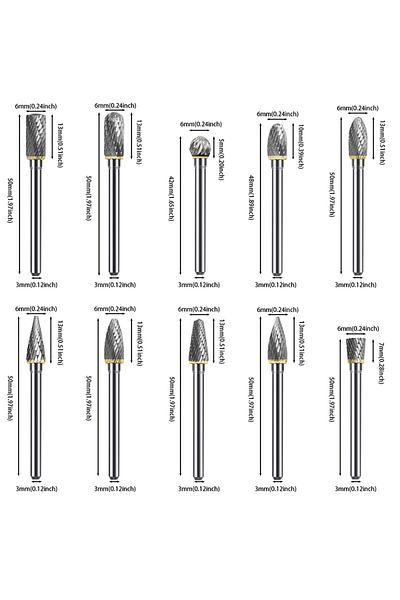 Choice Double Cut Carbide Burr Set 10pcs 1/8" Shank Double Cut Tungsten Carbide Rotary Burrs Set With Dreme
