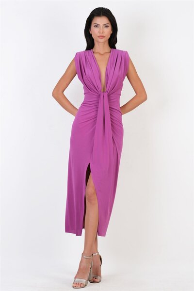 Spazio Onisto Omuz Pileli Önü Derin V Uzun Abiye Elbise MENEKSE