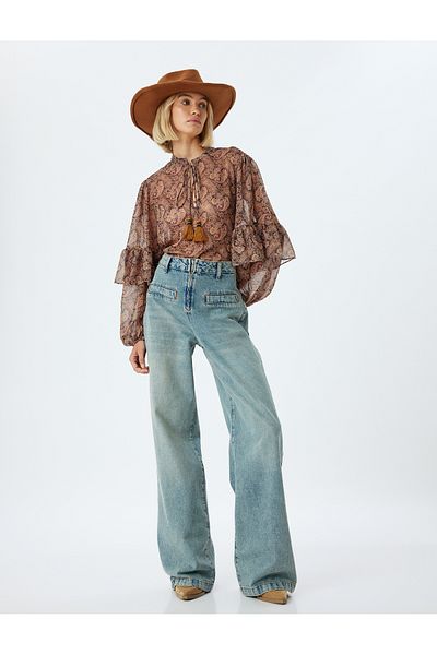 Koton High Waist and Pocket Wide Leg Jeans - Zippered Wide Leg Jeans