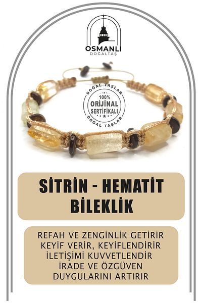 OSMANLI DOĞAL TAŞ Genuine Original Citrine Hematite - String Bracelet (Cornered Macrame Model) Certified