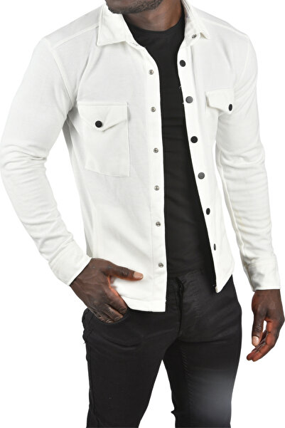 DeepSEA Ανδρικό λευκό πλεκτό χοντρό υφασμάτινο πουκάμισο γιακά με κουμπωτές τσέπες Αθλητικό μπουφάν 2500557