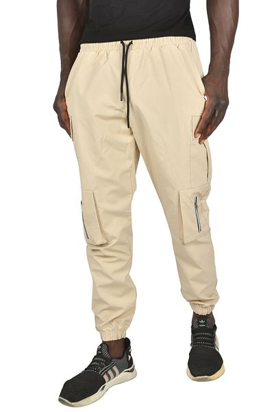 Rizz up Men's Beige Elastic Waist Waterproof Windproof Parachute Fabric Relaxed Cut Pocket Trousers 25