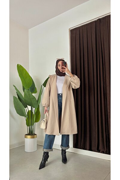 Aranlı tekstil Μανίκια Gathered Mobile Belted Oversize Cut Μπουρνούζι Τύπος Κασέ Γυναικείο παλτό