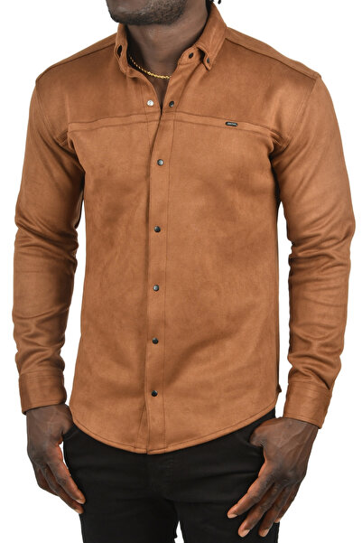 DeepSEA Ανδρικό πουκάμισο Suede Slim Fit - Καφέ Lycra, Snap Fastener, Χωρίς τσάκιση, Εποχιακό χωρίς τσέπες 2500556
